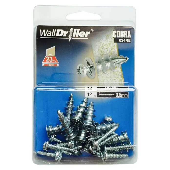 Cobra Gipskartondübel Walldriller - Durchmesser: 3,5 mm, Belastbarkeit: Max. 28 kg, 12 Stk., Selbstschneidendes Gewinde, Zink - Ansicht von oben