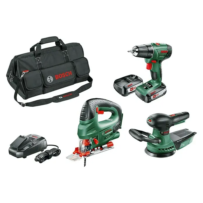 Bosch Maschinen-Set Cordless Tool Kit - Akkuspannung: 18 V, Anzahl Akkus: 2 Akkus, Kapazität: 2,5 Ah, Inhalt: 7 -tlg. - Diagonale Ansicht