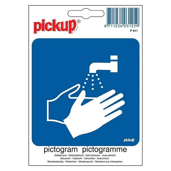Pickup Etiqueta adhesiva - L x An: 10 x 10 cm, Obligatorio lavarse las manos, Azul/Blanco - Vista superior