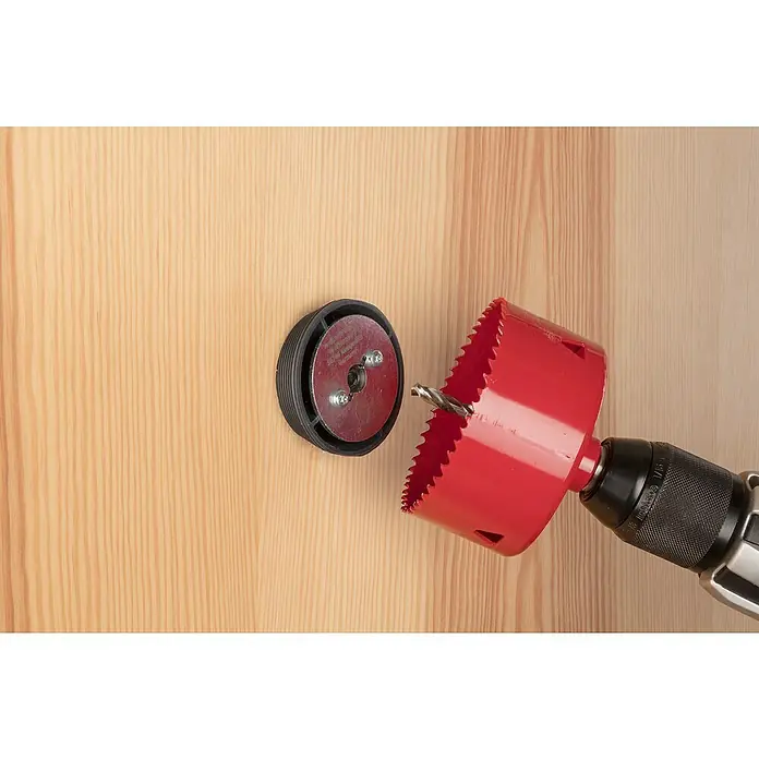 Wolfcraft Aufbohrhilfe für Lochsägen - Durchmesser: 35 mm - 51 mm, Passend für: Lochsägen ab Ø 68 mm - Anwendungsbeispiel