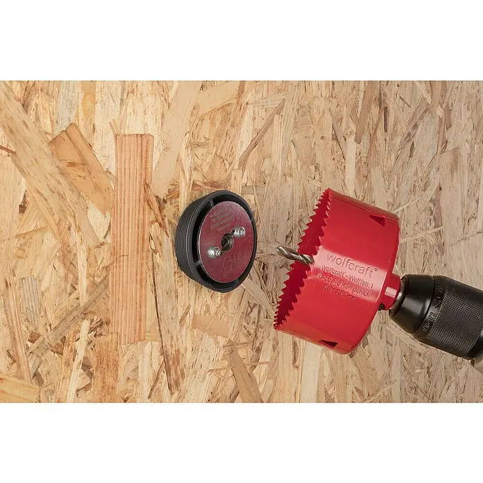 Wolfcraft Aufbohrhilfe-Set - 7 -tlg., Passend für: Lochsägen ab Ø 60 mm - Anwendungsbeispiel