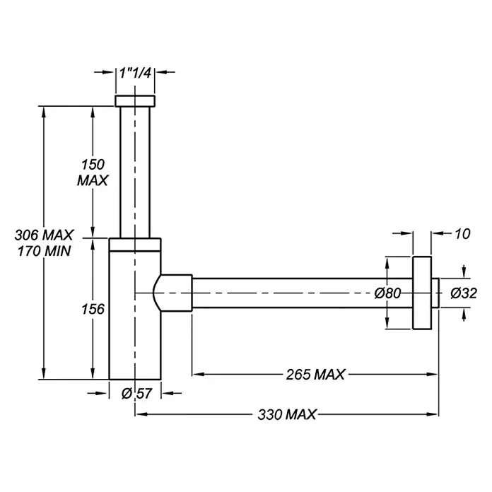 aquaSu Flaschen-Siphon - 1¼″, Schwarz, Durchmesser: 32 mm