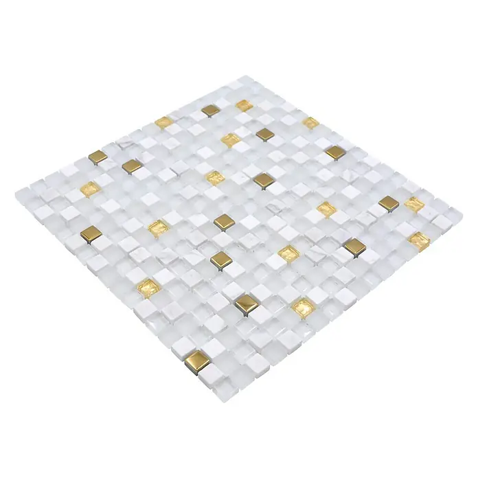 Mozaïektegel vierkant glas Mix XCM M640 - 30 x 30 cm, Wit/Goud, Glanzend - Diagonaal zicht
