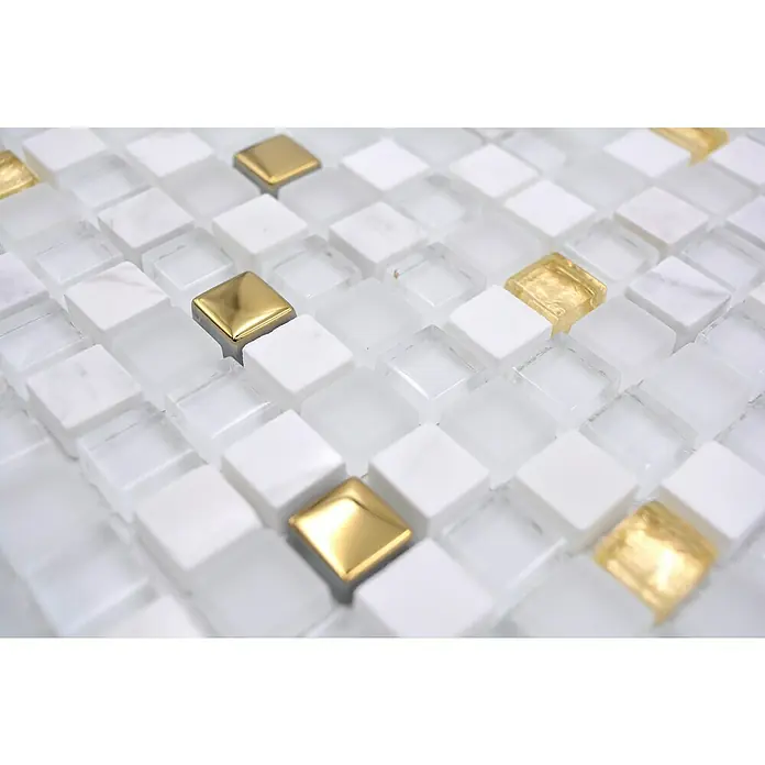Mozaïektegel vierkant glas Mix XCM M640 - 30 x 30 cm, Wit/Goud, Glanzend - Close-up