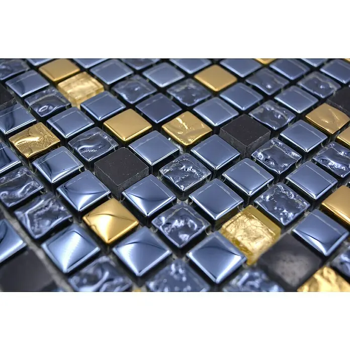 Mozaïektegel vierkant glas Mix XCM M650 - 30 x 30 cm, Zwart/Goud, Glanzend - Close-up