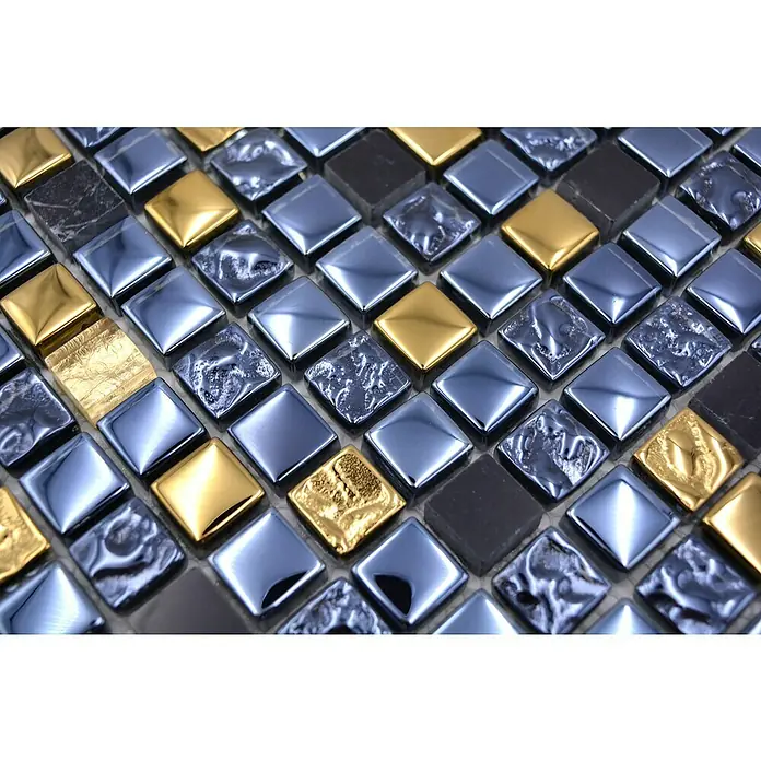 Mozaïektegel vierkant glas Mix XCM M650 - 30 x 30 cm, Zwart/Goud, Glanzend - Close-up
