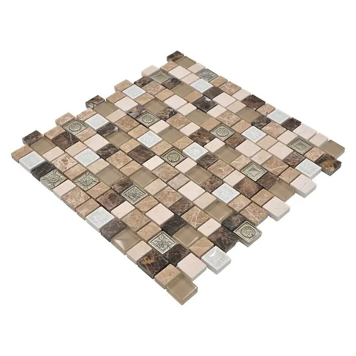 Mozaïektegel glas Mix XNM DF2 - 29,8 x 30,4 cm, Beige/Bruin, Glanzend - Diagonaal zicht