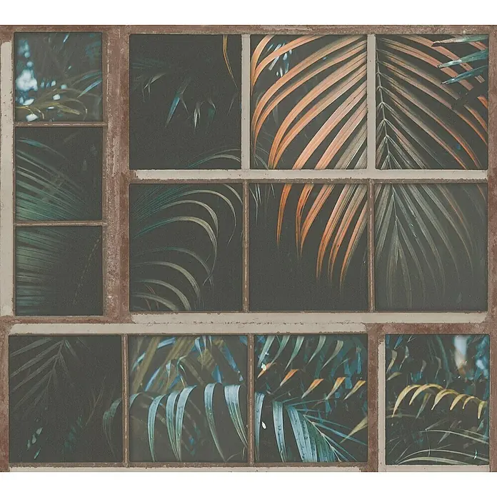 AS Creation Industrial Vliestapete Palmenblätter am Fenster - Braun/Grün, Floral, 10,05 x 0,53 m - Detailaufnahme