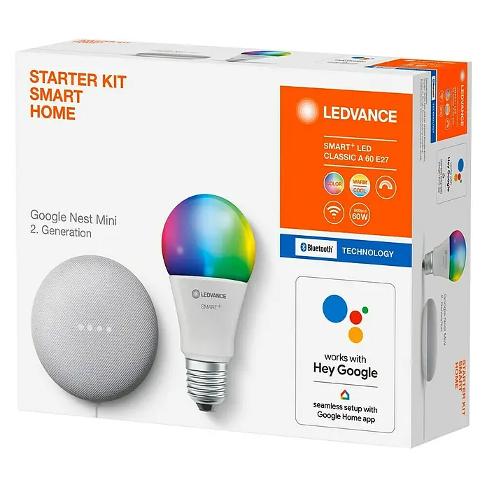 Google Nest Starter-Set Ledvance Smart+ BT Leuchtmittel - Kreide, Weiß, 10 W, Einstellbare Farbtemperatur, RGBW, Dimmbar - Diagonale Ansicht