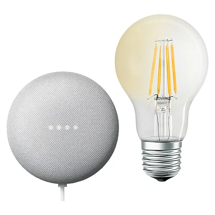 Google Nest Starter-Set Ledvance Smart+ BT Leuchtmittel - Kreide, Transparent, 5,5 W, E27, Warmweiß, Dimmbar - Vorderansicht