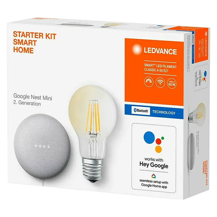 Google Nest Starter-Set Ledvance Smart+ BT Leuchtmittel - Kreide, Transparent, 5,5 W, E27, Warmweiß, Dimmbar - Diagonale Ansicht