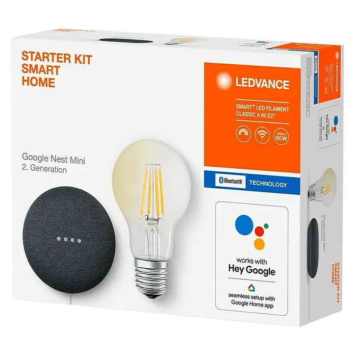 Google Nest Starter-Set Ledvance Smart+ BT Leuchtmittel - Carbon, Transparent, 5,5 W, E27, Warmweiß, Dimmbar - Diagonale Ansicht