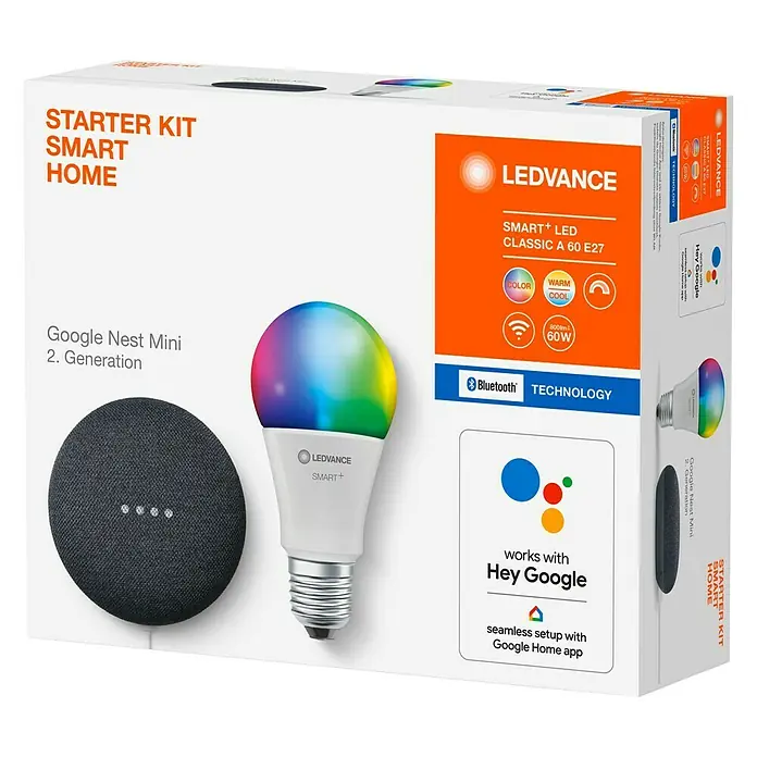 Google Nest Starter-Set Ledvance Smart+ BT Leuchtmittel - Carbon, Weiß, 10 W, Einstellbare Farbtemperatur, RGBW, Dimmbar - Diagonale Ansicht