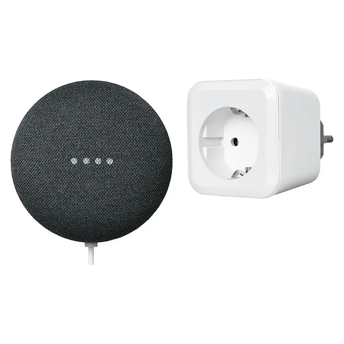 Google Nest Starter-Set Mini und Ledvance Smart+ BT Plug - Carbon, Weiß, 1 x Google Nest Mini, 1 x Netzkabel, 1 x Steckdose - Diagonale Ansicht