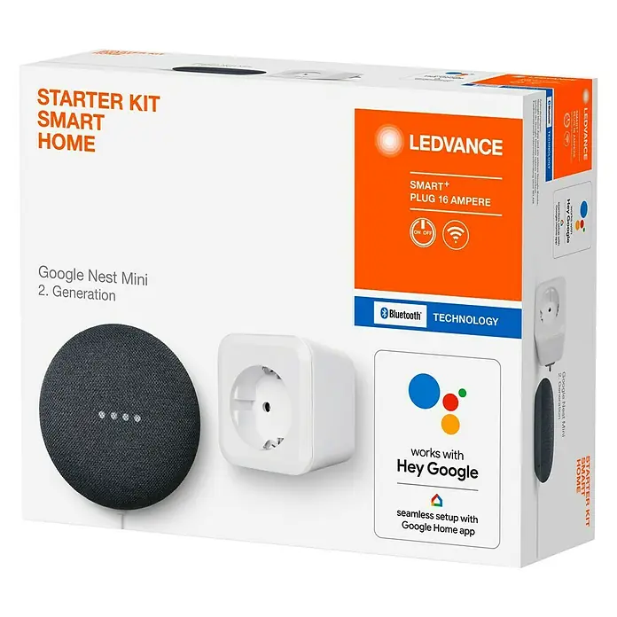 Google Nest Starter-Set Mini und Ledvance Smart+ BT Plug - Carbon, Weiß, 1 x Google Nest Mini, 1 x Netzkabel, 1 x Steckdose - Diagonale Ansicht