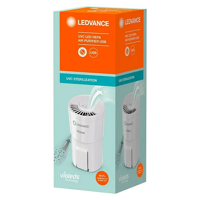 Ledvance Luftreiniger Violeds - Weiß, Ø x H: 8,5 x 16,4 cm, USB-Anschluss - Diagonale Ansicht