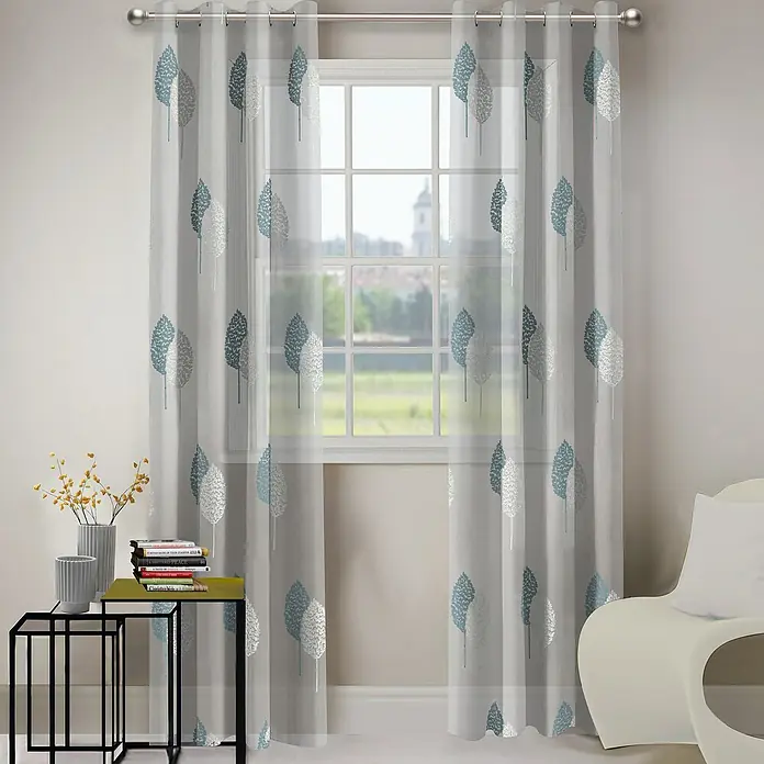 Visillo para ventana Hoja Bordada - An x Al: 140 x 250 cm, 100% poliéster, Blanco/Azul - Foto ambiente