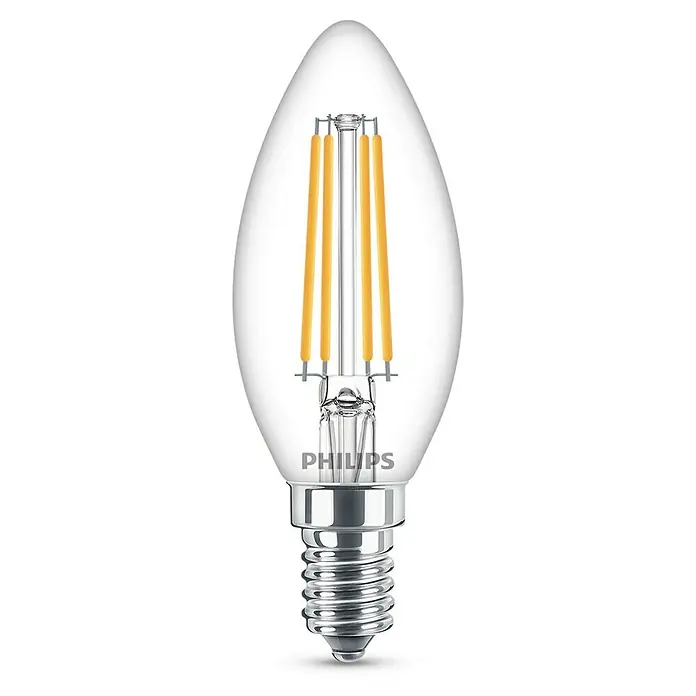 Philips Bombilla LED Vela y lustre Transparente - E14, 60 W, B35, 806 lm - Vista frontal