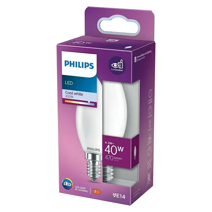 Philips Bombilla LED Vela y lustre CW - E14, 40 W, B35, 470 lm - Vista angular