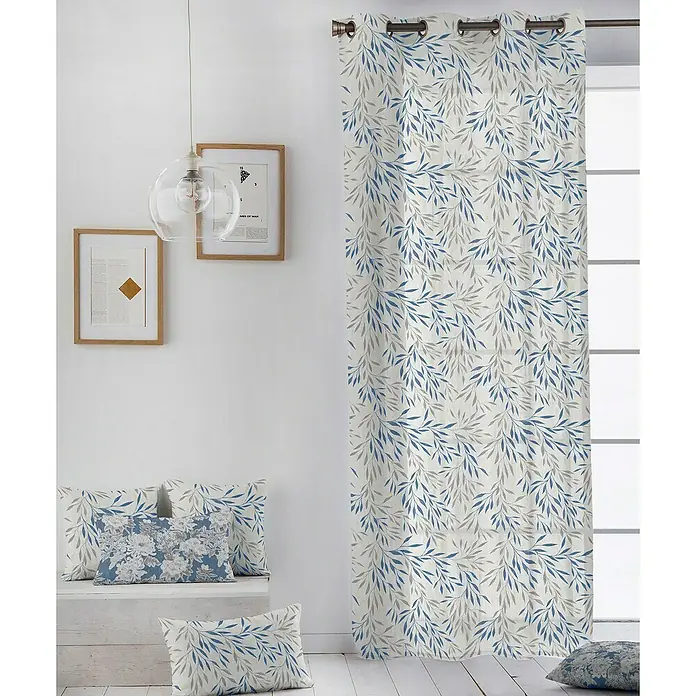 Visillo para ventana Hojitas - 140 x 260 cm, 100% Algodón, Azul - Foto ambiente