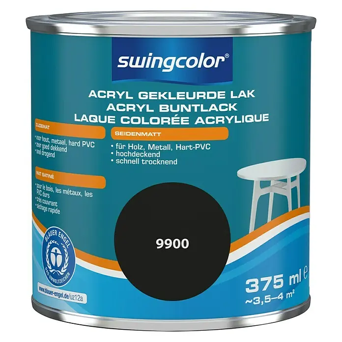 swingcolor Acryllak 9900 Zwart - Zwart, 375 ml, Zijdemat - Vooraanzicht