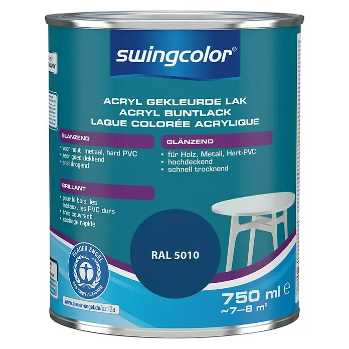swingcolor Acryllak RAL 5010 Gentiaanblauw - Gentiaanblauw, 750 ml, Glanzend - Vooraanzicht