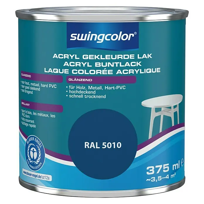 swingcolor Acryllak RAL 5010 Gentiaanblauw - Gentiaanblauw, 375 ml, Glanzend - Vooraanzicht