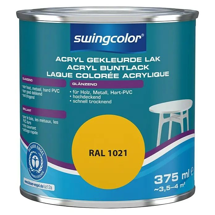 swingcolor Acryllak RAL 1021 Koolzaadgeel - Koolzaadgeel, 375 ml, Glanzend - Vooraanzicht