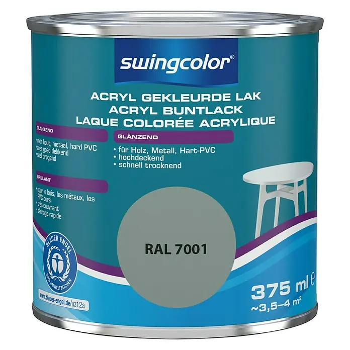 swingcolor Acryllak RAL 7001 Zilvergrijs - Zilvergrijs, 375 ml, Glanzend - Vooraanzicht