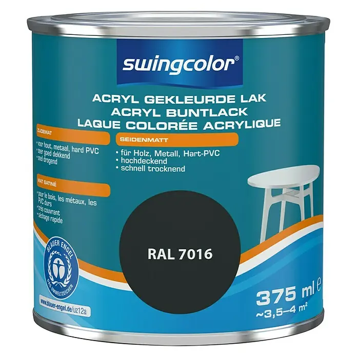 swingcolor Acryllak RAL 7016 Antracietgrijs - Antracietgrijs, 375 ml, Zijdemat - Vooraanzicht