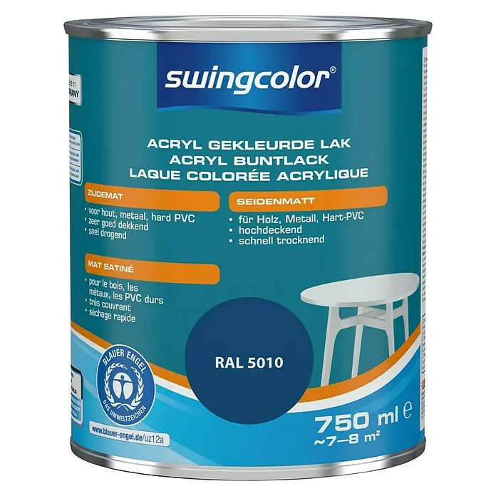 swingcolor Acryllak RAL 5010 Gentiaanblauw - Gentiaanblauw, 750 ml, Zijdemat - Vooraanzicht