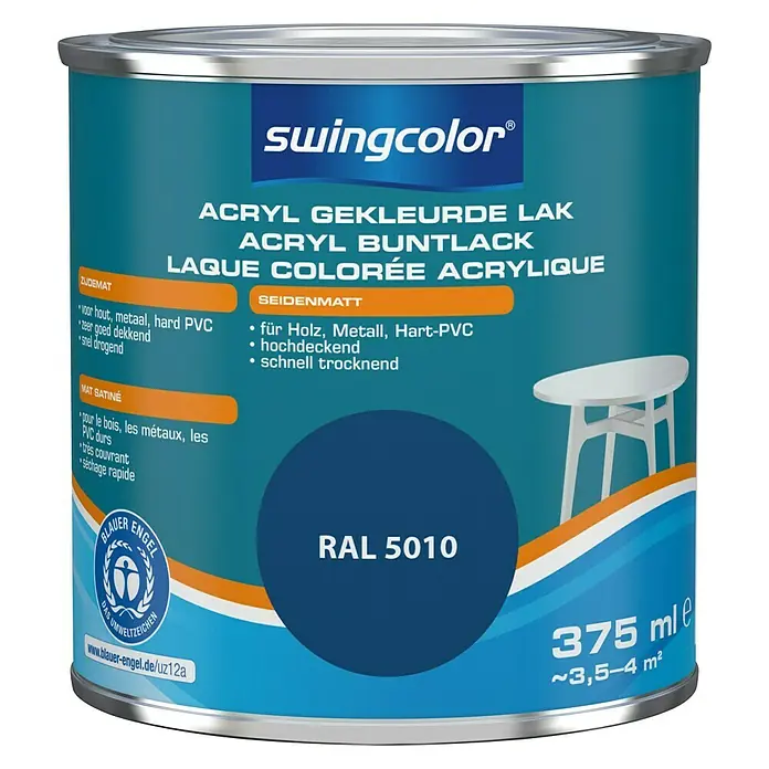 swingcolor Acryllak RAL 5010 Gentiaanblauw - Gentiaanblauw, 375 ml, Zijdemat - Vooraanzicht