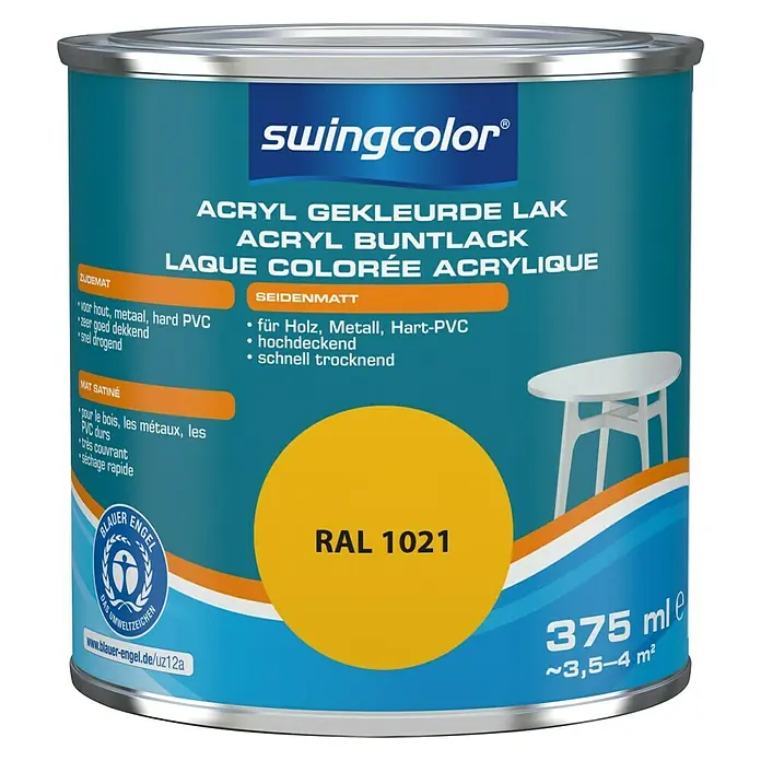 swingcolor Acryllak RAL 1021 Koolzaadgeel - Koolzaadgeel, 375 ml, Zijdemat - Vooraanzicht