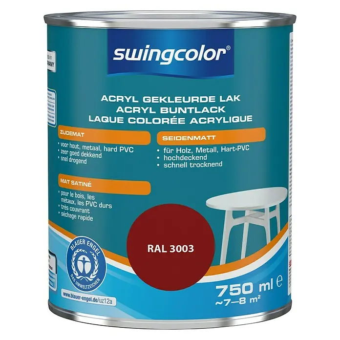 swingcolor Acryllak RAL 3000 Vuurrood - Vuurrood, 750 ml, Zijdemat - Vooraanzicht