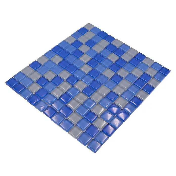 Mozaïektegel vierkant glas Mix XCM 8222 - 32,7 x 30,2 cm, Blauw, Glanzend - Diagonaal zicht
