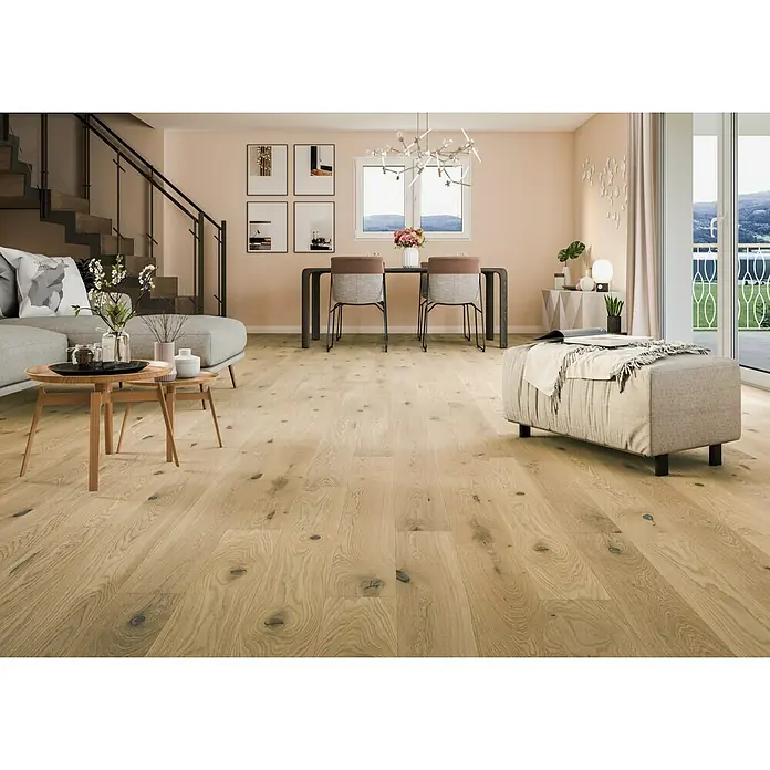 Parquet large roble blanco premium - 1.200 x 145 x 14 mm, Efecto madera - Foto ambiente
