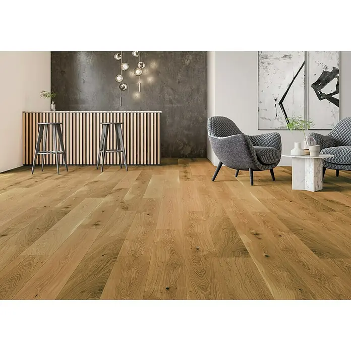 Parquet large roble natural - 1.980 x 198 x 14 mm, Efecto madera - Foto ambiente