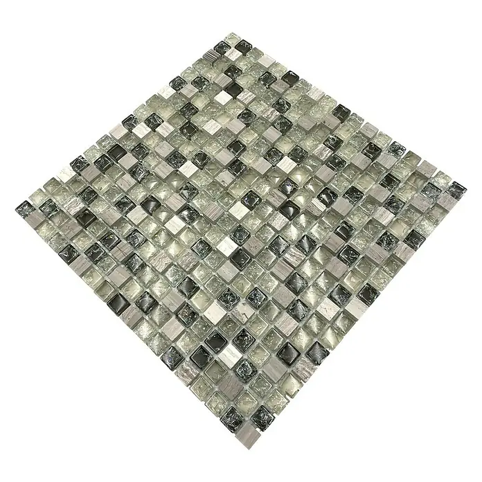 Mozaïektegel vierkant glas Mix XIC 1052 - 30,5 x 30,5 cm, Grijs, Glanzend - Diagonaal zicht