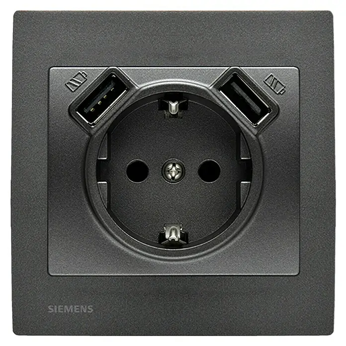 Siemens Delta Iris Enchufe con USB - 2 Polos + Toma Tierra, Negro, Plástico, 10/16 A - Vista frontal