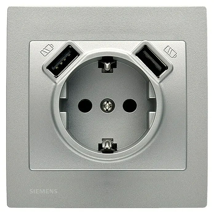 Siemens Delta Iris Enchufe con USB - 2 Polos + Toma Tierra, Aluminio, Plástico, 10/16 A - Vista frontal