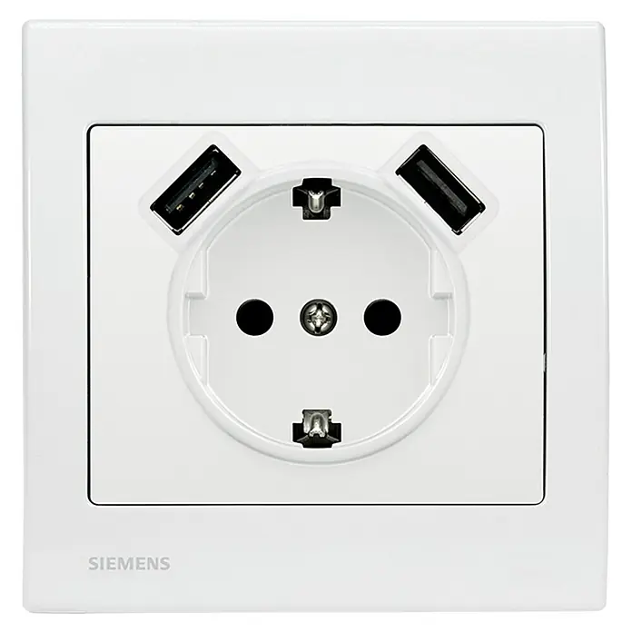 Siemens Delta Iris Enchufe con USB - 2 Polos + Toma Tierra, Blanco, Plástico, 10/16 A - Vista frontal