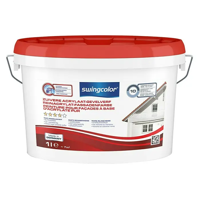swingcolor Zuivere acrylaat gevelverf - Sneeuwwit, 1 l, Mat - Vooraanzicht