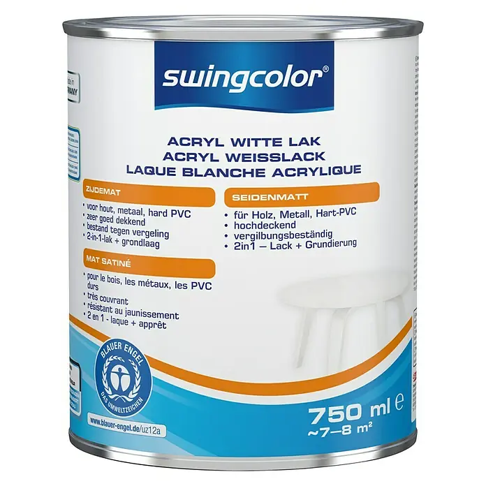 swingcolor Acryllak, wit - Wit, 750 ml, Zijdemat - Vooraanzicht