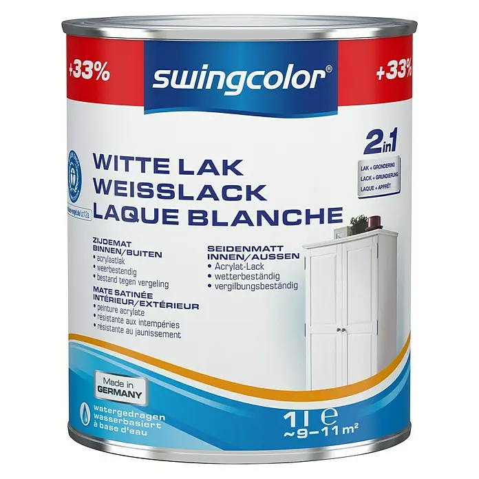 swingcolor Acryllak, wit - Wit, 1 l, Zijdemat - Vooraanzicht