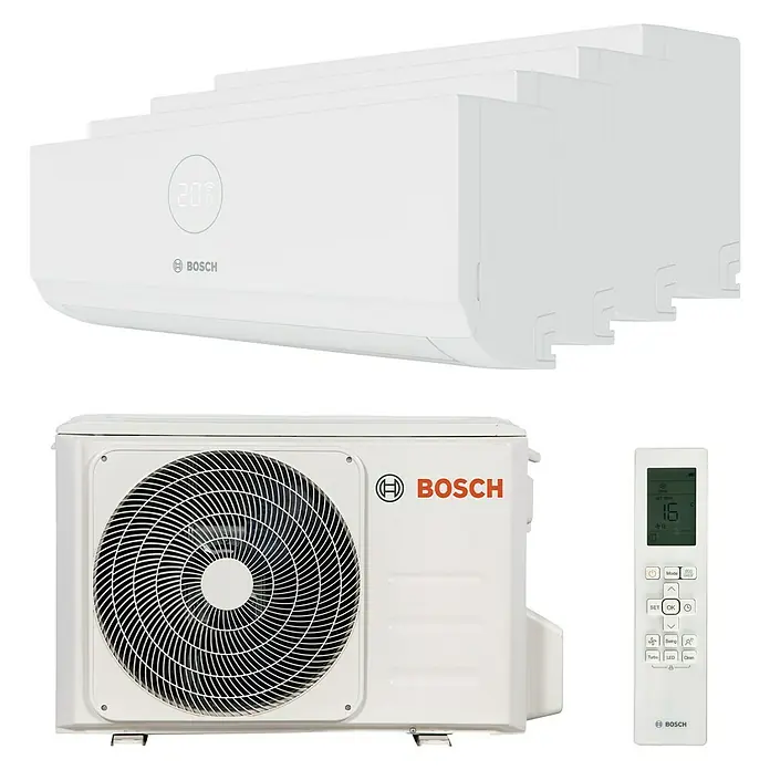 Bosch Aire acondicionado Inverter 4X1 CLIMATE 3000I - Potencia frigorífica máx. por unidad en BTU/h: 35.925 BTU/h, Potencia calorífica máx. por equipo en BTU/h: 35.925 BTU/h, Específico para: Espacios hasta 18 m² y 23 m², Este modelo incluye 3 aires acondicionados inverter de 2,6KW y 1 aire acondicionado inverter x 3,5KW. - Vista frontal
