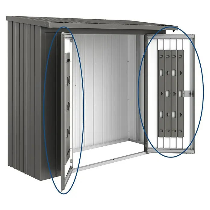 Biohort Türpaket WoodStock - Quarzgrau Metallic, 1,38 x 1,73 m, Passend für: Biohort Kaminholzregal WoodStock 230 - Diagonale Ansicht