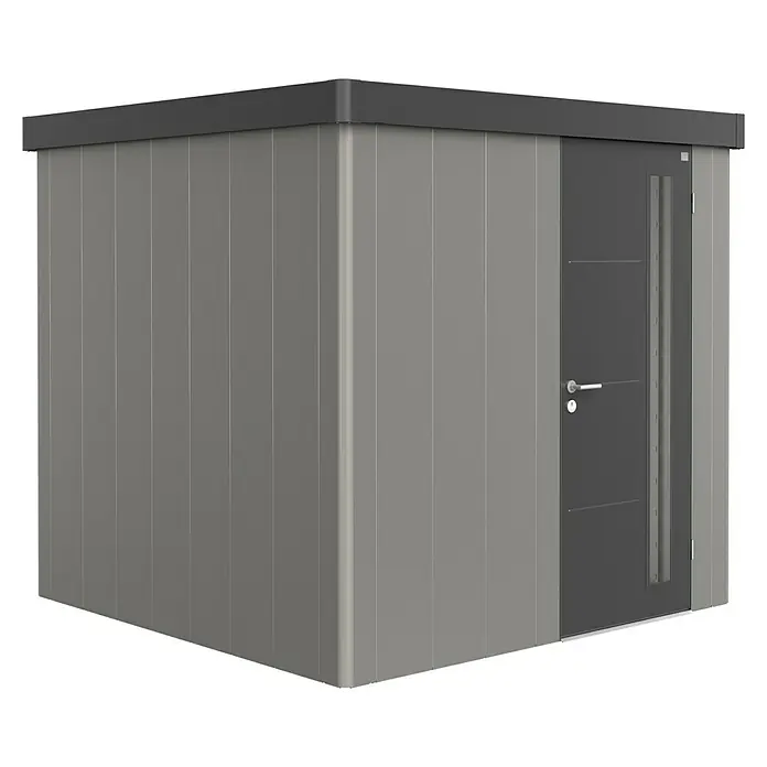 Biohort Caseta para jardín Neo 2B - 236 cm, 236 cm, Acero, Gris cuarzo metalizado, Gris oscuro metalizado, Puerta de una hoja - Vista angular