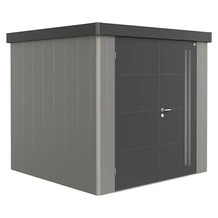Biohort Caseta para jardín Neo 2B - 236 cm, 236 cm, Acero, Gris cuarzo metalizado, Gris oscuro metalizado, Puerta doble - Vista angular