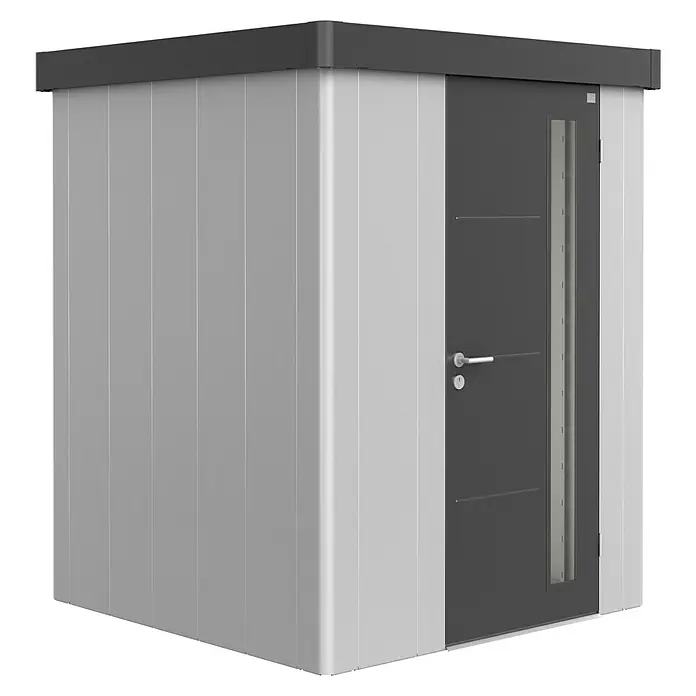 Biohort Gerätehaus Neo 1A - 180 cm, 180 cm, Stahl, Silber Metallic, Dunkelgrau Metallic - Diagonale Ansicht