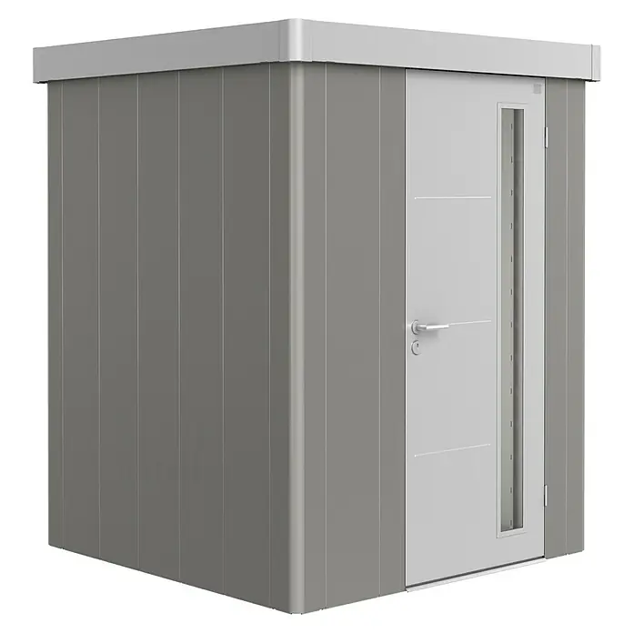 Biohort Gerätehaus Neo 1A - 180 cm, 180 cm, Stahl, Quarzgrau Metallic, Silber Metallic - Diagonale Ansicht